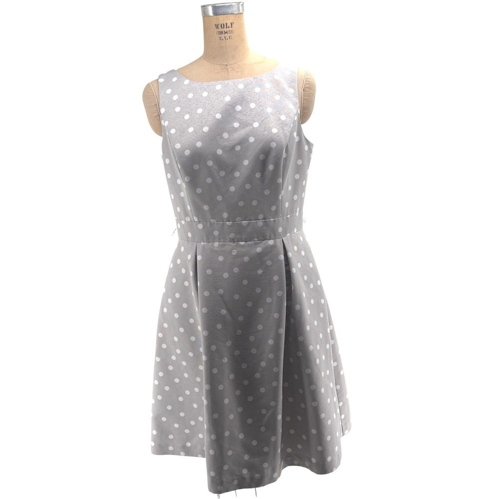 White House Black Market Grey Polka Dot Fit & Flare Dress 8 Sleeveless V-Back‎